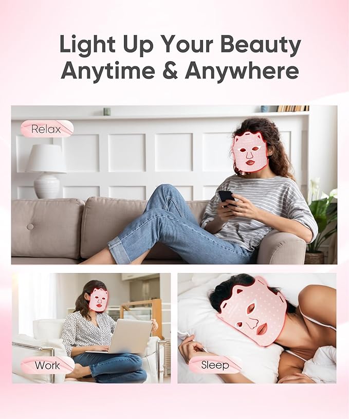 LED Light Therapy Mask, Red Light Therapy for Face - Red Light for Anti-Aging & Wrinkles, Blue for Acne, IR for Deep Repair, At-Home Device, FDA Cleared, Portable & Rechargeable, Pink