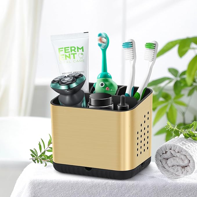 Toothbrush Holders for Bathrooms, Tooth Brush Holder for Bathroom Countertop Organizer, Kids Electric Toothbrush and Toothpaste Holder (Brushed Gold)