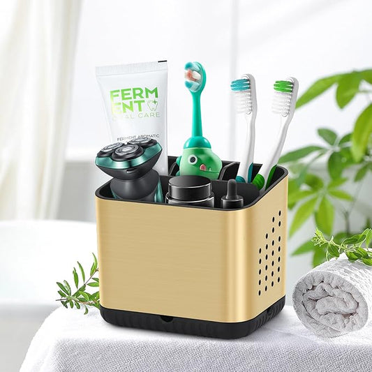 Toothbrush Holders for Bathrooms, Tooth Brush Holder for Bathroom Countertop Organizer, Kids Electric Toothbrush and Toothpaste Holder (Brushed Gold)
