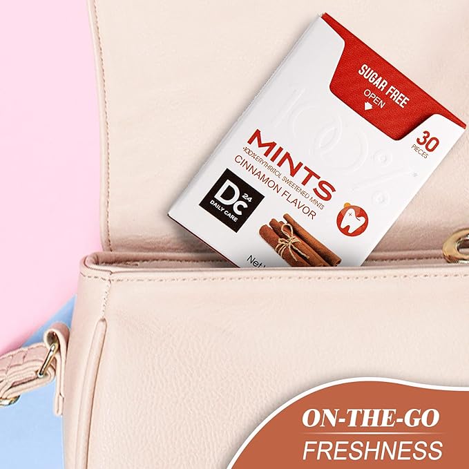 DC24 DAILY CARE 100% Erythritol Breath Mints, 0-Calorie,Sugar Free, Natural Cinnamon, Gluten Free, 30 Count, Pack of 4