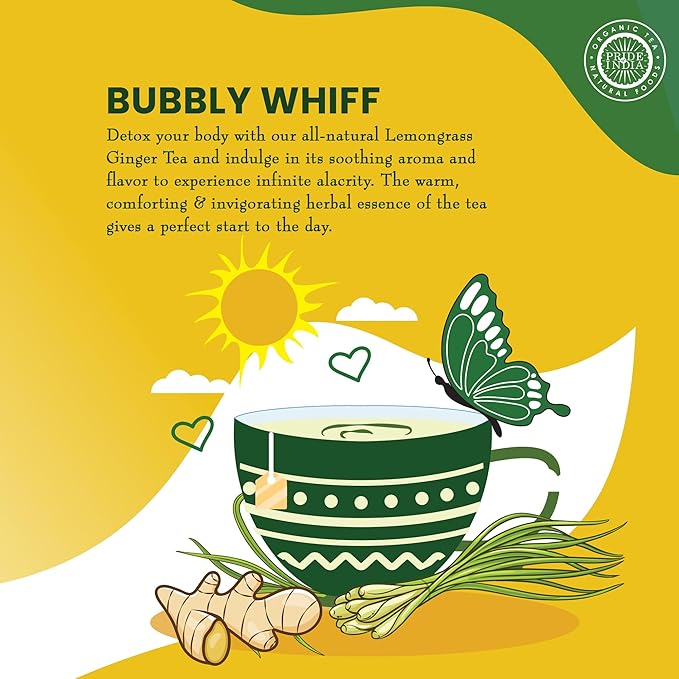 Pride of India | PACK of 6 - Lemongrass Ginger Zesty Fresh Tea | 15 Pyramid Full Leaf Individually Wrapped Tea Bags | 100% Herbal Blend from Single Origin | Tangy & Spicy Flavor | Caffeine-Free