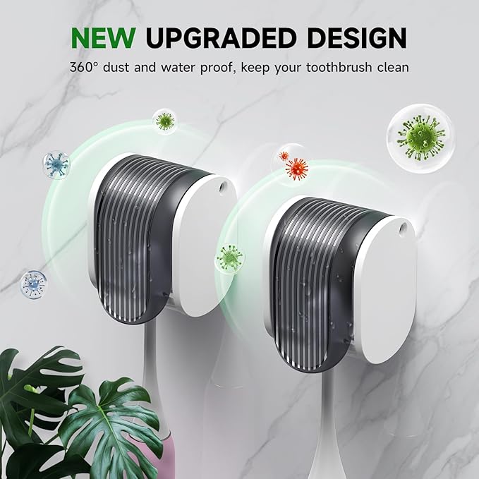 4 Pcs Toothbrush Holders Wall Mounted, Single Slot Design, Shower Self Adhesive Wall Mounted Toothbrush Holder with Cover, Waterproof and Dustproof, Suitable for Bathroom, Family, Travel (Grey)