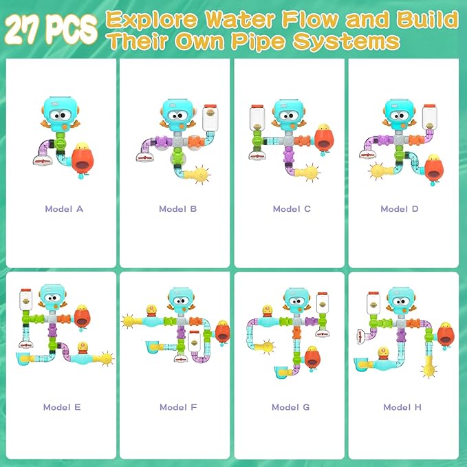 Bath Toys for Kids Ages 4-8, STEM 27 Pack | DIY Water Pipe Assembly Kit with Suction Cups | Mold-Free Educational Bath Toys | Kid&Toddler Bath Toy with Interactive Features for Cognitive Development