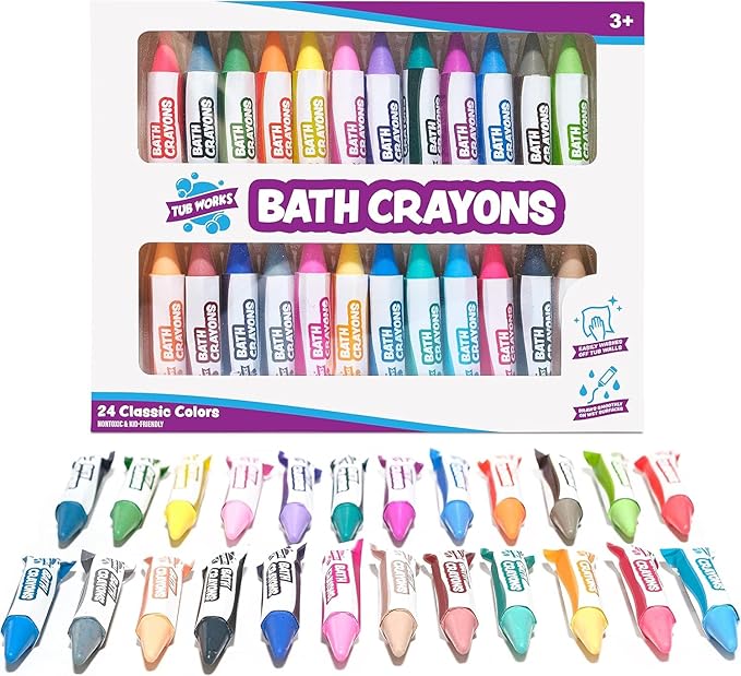 Tub Works® Smooth™ Bath Crayons Bath Toy, 24 Pack | Nontoxic, Washable Bath Crayons for Toddlers & Kids | Unique Formula Draws Smoothly & Vividly on Wet & Dry Tub Walls | Hexagon Grip Bathtub Crayons