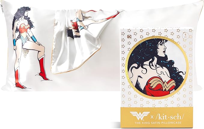 Kitsch Wonder Woman (Believe in Wonder) Satin Pillowcase with Zipper Softer Than Silk, Luxury Cooling Pillowcase for Hair & Skin, Wrinkle Prevention, King Size 19X36