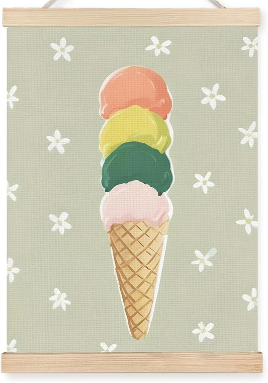 FDHSPAAM Ice Cream Nursery Wall Art Decor, Kids Room Decor, Cute Ice Cream Cone Sweet Treat Neutral Wall Art Posters for Kids Bedroom Cafe Kitchen, 12x16 Inch