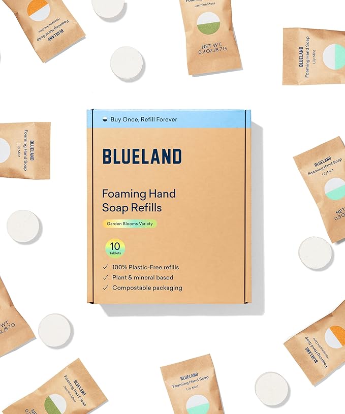 BLUELAND Foaming Hand Soap Refill Tablets, 10-Pack, Garden Blooms Variety Scents, Eco Friendly Cleaning Products, 10 x 9 Fl oz