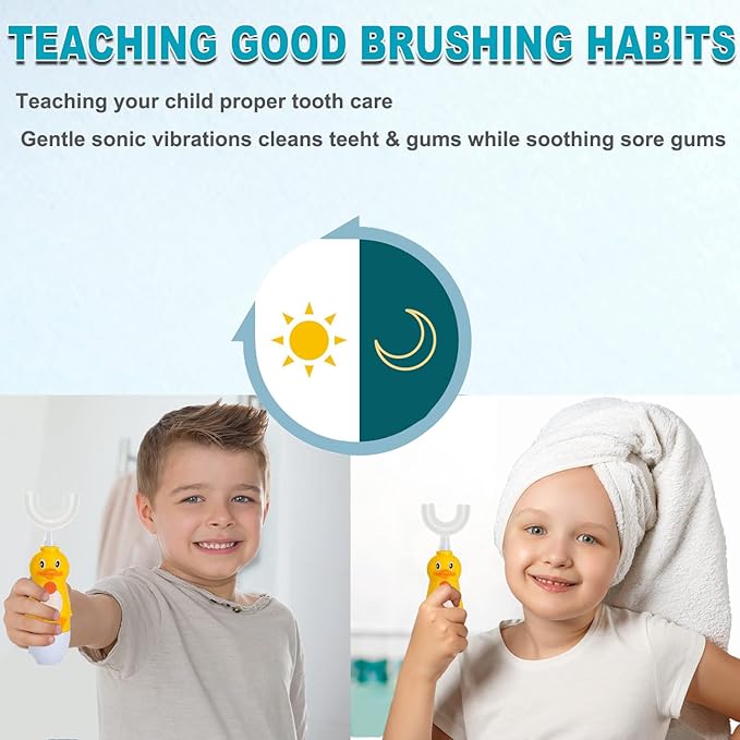 Kids Electric Toothbrush, U-Shaped Automatic Toothbrush,360° Cleaning with Three Types of Brush Heads,Large for 7-12 Years,Cartoon Modeling,Yellow,1 Pack