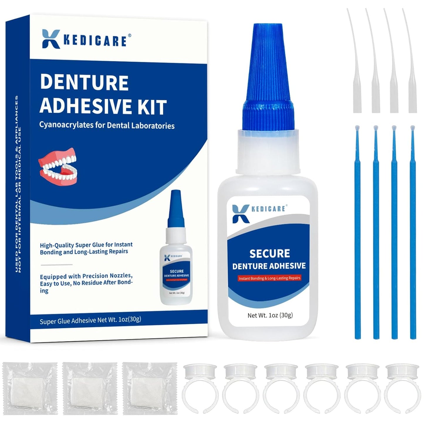 Dental Lab Denture Repair Glue Kit (1oz), Instant Bonding Denture Adhesive, Repair Cracks and Secure Loose Teeth, Safe Bonding No Irritating Odour