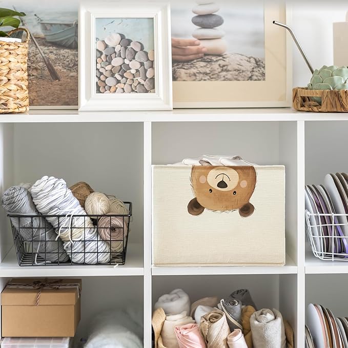 Rectangular Bear Basket Cute Animal Woodland Storage Basket Organizer Bins With Handles,Toy Baskets Storage Kids,Bear Laundry Baskets Organizer Collapsible Basket for Nursery Bedroom Bathroom