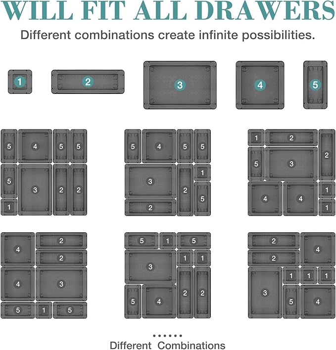 25 PCS Drawer Organizer Set, 4 Varied Size Bathroom and kitchen Drawer cabinet organizer Trays, Clear Storage Bins for Makeup, Jewelry, Utensils and Gadgets，Black