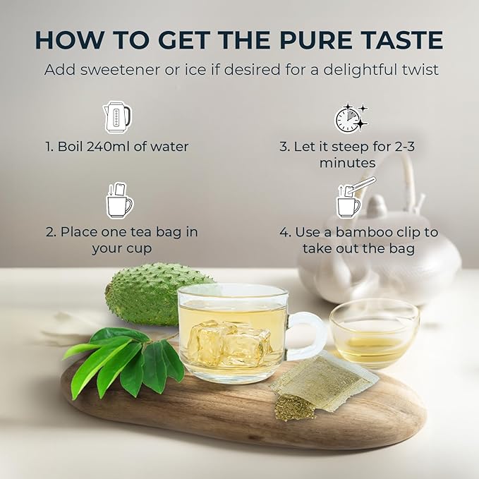 Soursop Graviola Leaf Tea Samplers - 15 Count, Bamboo Tong Included, No Sugar Added, No Caffeine, Re-Steep Morning Herbal Detox Tea for Relax & Refreshing, Hoja De Guanabana Mini Tea Bags