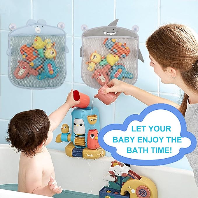 2 Pack Mesh Bath Toy Organizer, Cute Shark & Bear Bath Toy Storage Net Bathtub Toy Organizer, Perfect Bathroom Hanging Storage Bag Quick Dry Bath Toy Holder Bag with 8 Strong Hooks (Set A)