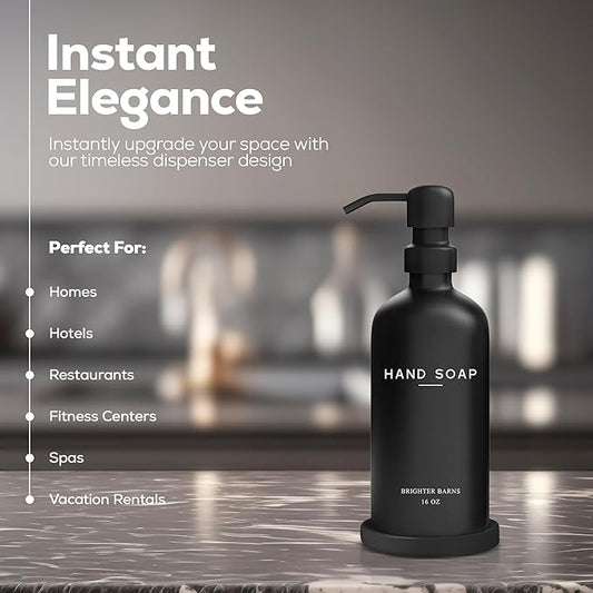 Black Glass Hand Soap Dispenser Bathroom Set by Brighter Barns - Bathroom Soap Dispenser Set with Tray and Stainless Steel Pump - Modern Decor for Kitchen, Hotel, Vacation Rental, Restaurants (Black)