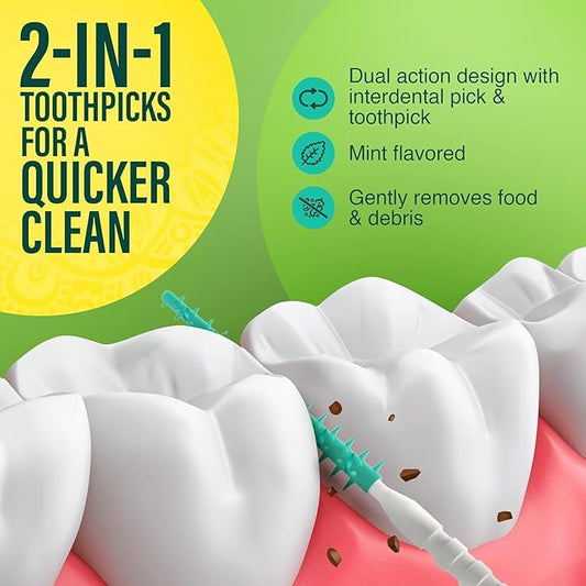 GuruNanda 2-in-1 QuickPik Toothpick & Interdental Pick – Soft Rubber Bristles for Plaque Removal & Improved Oral Care, Comes with a Travel Case for On-The-Go Use, 60ct