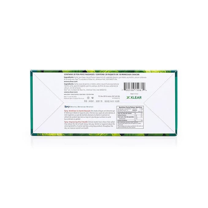 Spry Fresh Natural Xylitol Chewing Gum Dental Defense System - Aspartame-Free, Sugar-Free, Non-GMO, Gluten-Free (Spearmint, 10 Count Blister Cards - Pack of 20)