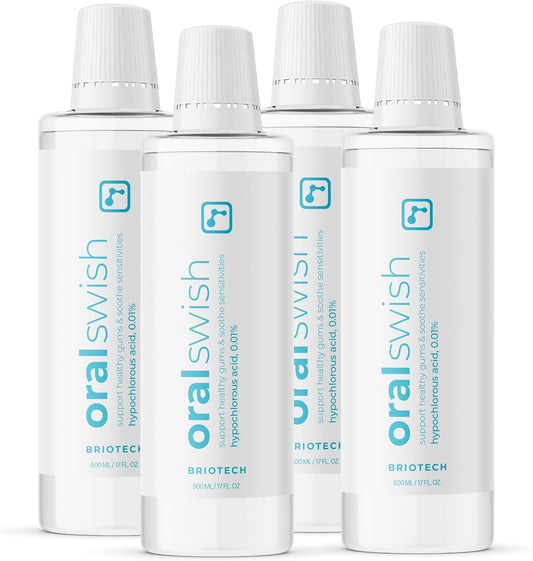 BRIOTECH Oral Swish, Hypochlorous Acid Mouthwash Rinse, Gentle Oral Care Hygiene, Fight Bad Breath, Support Against Plaque, Gum Irritation & Tender Gums, Alcohol & Fluoride Free, 17 fl oz (4 Pack)