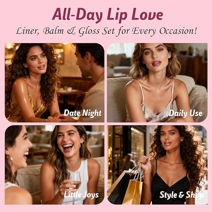 KIMUSE 3PCS Lip Combo Set - Matte Lip Liner Pencil + Hydrating Tinted Lip Balm + Juicy Lip Gloss Tint, Non-Sticky, Long-Lasting, High Pigment Lip Makeup Kit (Berry Mousse Set)