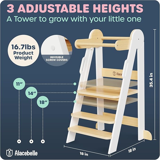 Toddler Tower - CPSC Certified Toddler Chair Tower with 3 Height Adjustable Step Stool, Safety Bar, Screw Covers - Montessori Stool for Sink, Kids Standing