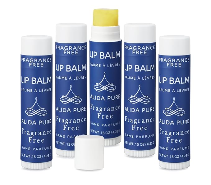 Fragrance Free Lip Balm, Vegan Set, Unscented, No Flavor, Beeswax Free, Organic Jojoba and, Avocado Oil, Vitamin E, Natural Moisturizer for Dry, Chapped, or Cracked Lips, 5 Tube Set