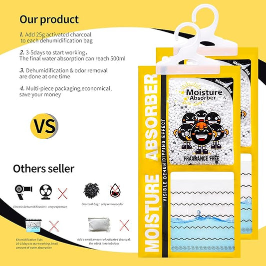 ZSZMFH 15 Pack Moisture Absorber & Max Odor Eliminator Hanging Bag, Charcoal Smell Remove Damp Musty Smell,Hanging Closet Dehumidifier Bags with 25g of Activated Charcoal (220g/pack) Yellow