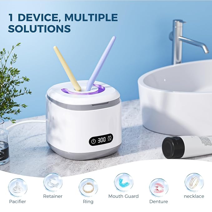 Ultrasonic Retainer Cleaner 200ml Capacity, 45kHz Sonic Dental Cleaning Machine, Ultrasonic Jewelry Cleaner Digital Timer, Retainer Cleaner Machine for Mouth Guard, Braces, Aligner, Toothbrush Head