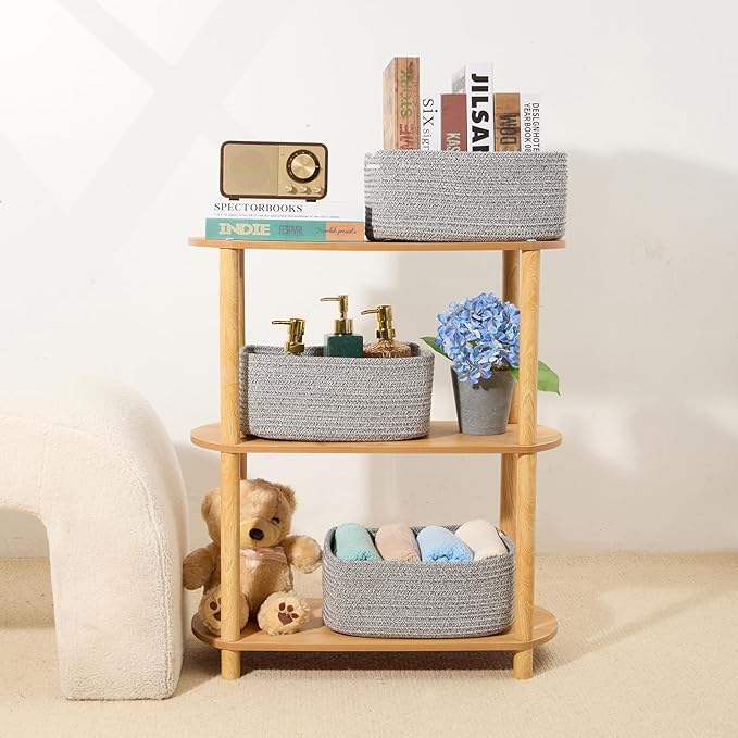 Small Storage Baskets for Organizing | Closet Organizer Bins | Shelf Toy Basket | Woven Rope Baskets | Cube Decorative Box | Shallow Basket | 13x8.5x5.1” | 4 Packs Mixed Grey