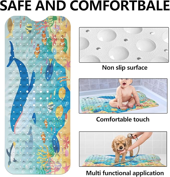 LNOND Bath Mat for Tub for Kids, Whales and Fish Bathtub Mat, Kids Bath Mats for Bathroom Non Slip with Drain Holes and Suction Cups,Machine Washable (40 X 16 Inch)