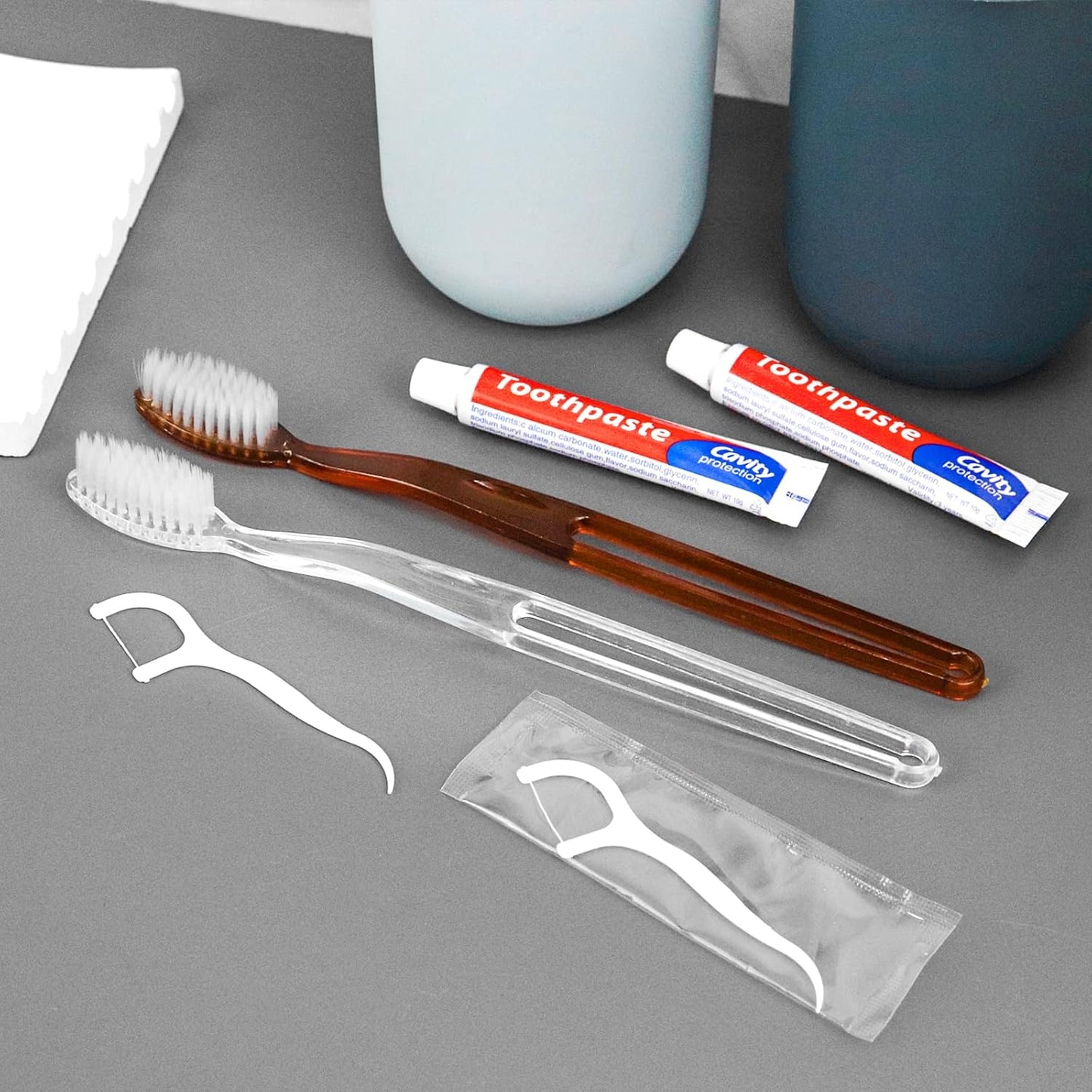 100 pcs Disposable Toothbrushes with Toothpaste Floss Individually Wrapped, 2 Color Disposable Toothbrush Bulk, 10g Toothpaste, Dental Floss Pick for Homeless,Airbnb,Hotel,Guest