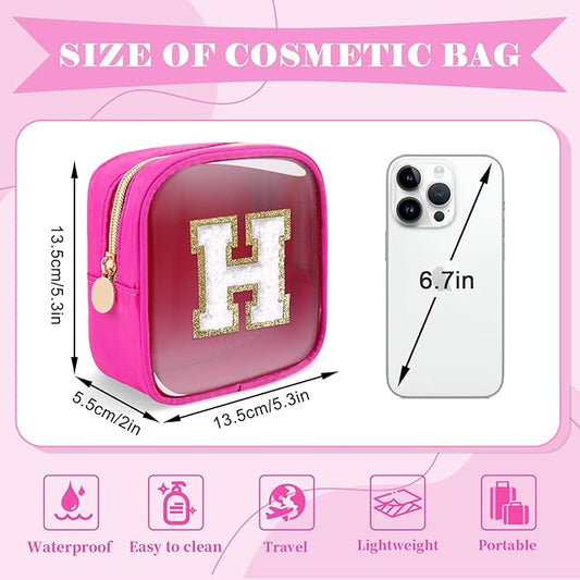Personalized Initial Letter Clear Preppy Makeup Bag,Mini Nylon Chenille Letter Cosmetic Bag Cute Zipper Pouch Coin Purse for Teen Girls,Portable TSA Approved Travel Essentials Bag Gift for Women,H