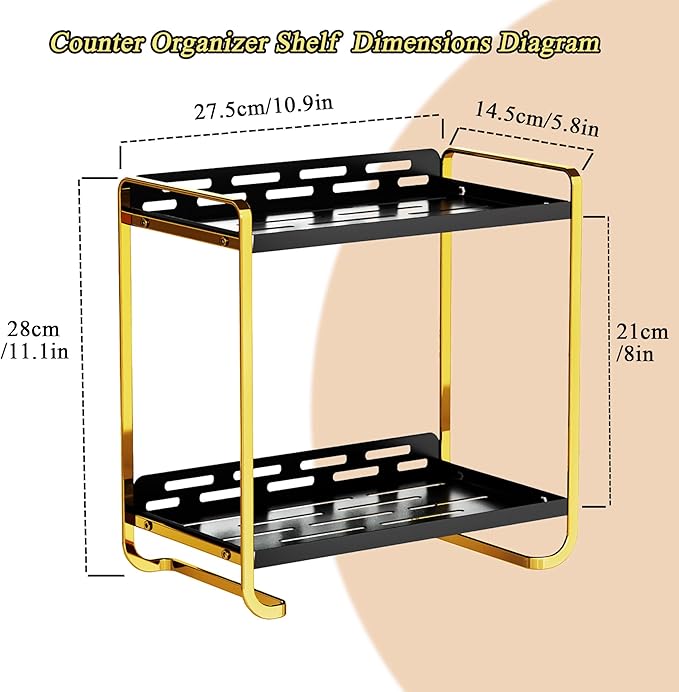 2-Tier Black and Gold Carbon Steel Bathroom Counter Organizer - Skincare Cosmetic Display Tray for Perfume, Makeup, Bathroom, and Vanity Storage - Modern Countertop Organizer and Vanity Decor