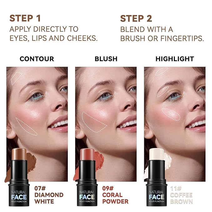 3-in-1 Cream Contour Stick Set - Fair (7+9+11) - Blush, Contour & Highlighter - Long Lasting, Waterproof - Matte & Dewy Finish