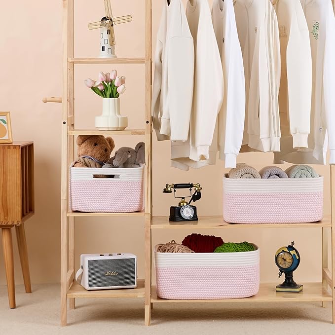 Large Storage Baskets for Organizing, Closet Shelf Baskets for Clothes Blanket Towels, Baby Nursery, Toy Bins Box, Woven Rope Baskets, 17 x 13 x 7.5”, 4 Packs Woven Pink