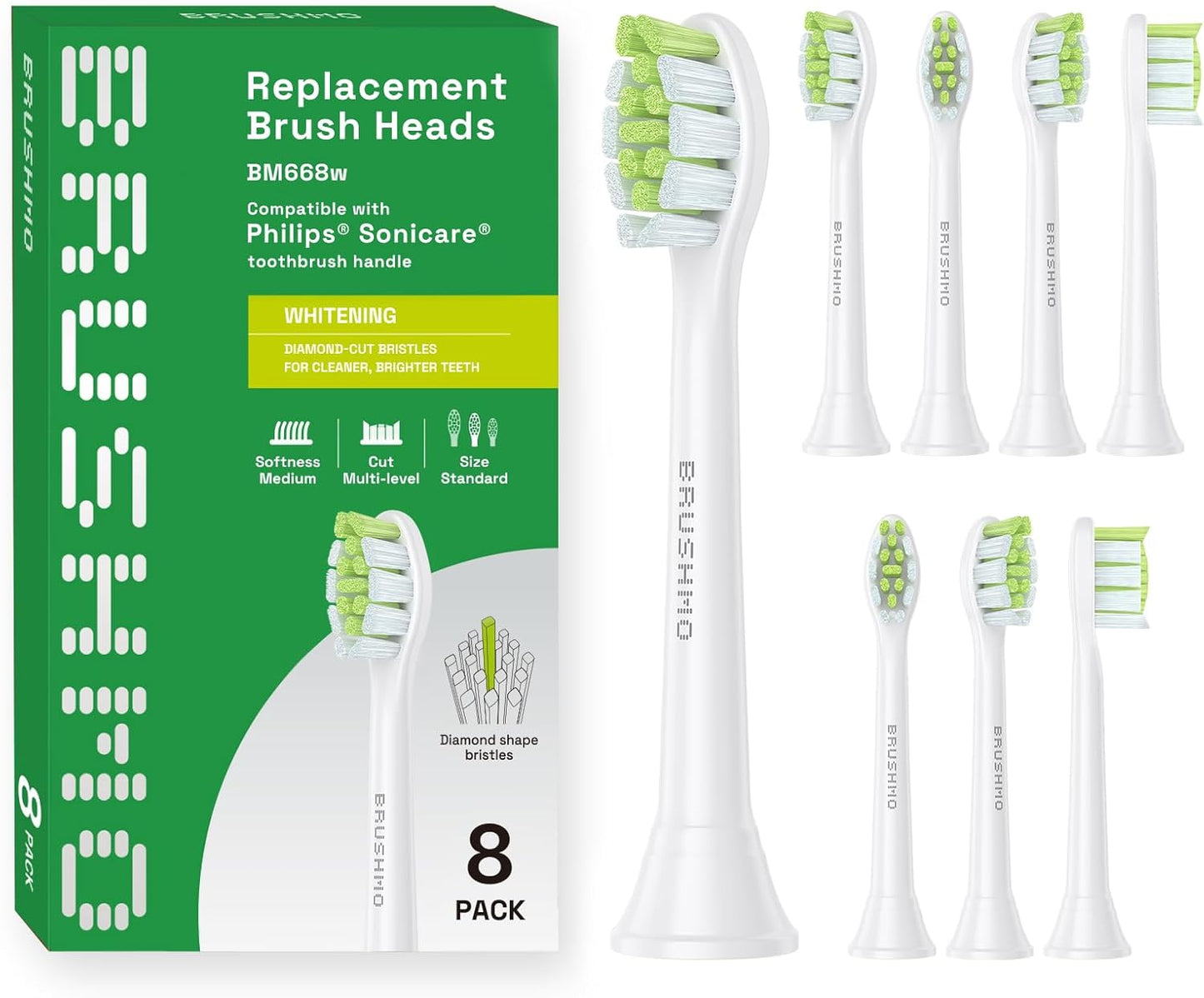 Brushmo Whitening Replacement Toothbrush Heads, Compatible with Philips Sonicare Click-on Electric Toothbrush Handles, 8 Standard Heads, Medium Firm Diamond-Shape Dupont Bristles, BM668, White