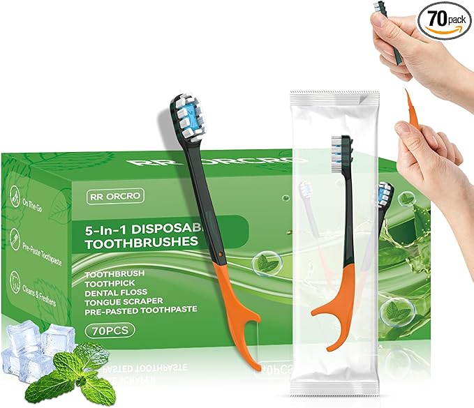 70Pack Disposable Toothbrush with Pre-Pasted Toothpaste 5-in-1 Mini Travel Toothbrush Deep Clean with Toothpick, Flosser, Tongue Scraper for Superior Oral Hygiene, Individually Wrapped
