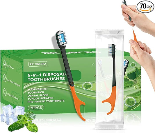 70Pack Disposable Toothbrush with Pre-Pasted Toothpaste 5-in-1 Mini Travel Toothbrush Deep Clean with Toothpick, Flosser, Tongue Scraper for Superior Oral Hygiene, Individually Wrapped
