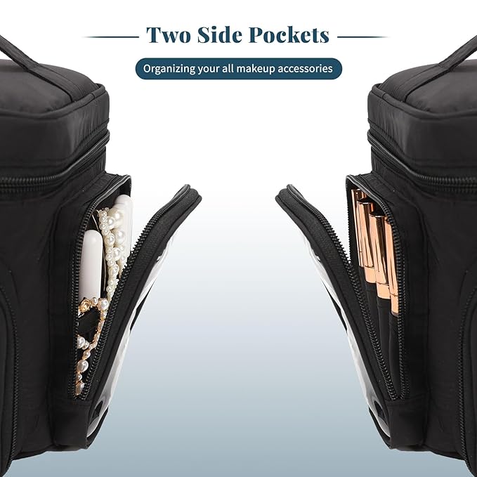 Large Cotton Makeup Bag, Lightweight Travel Makeup Bag Organizer for Women Girls with Makeup Brush Compartment & Two Side Pockets, Cosmetic Travel Bag Vertical Storage- Black01