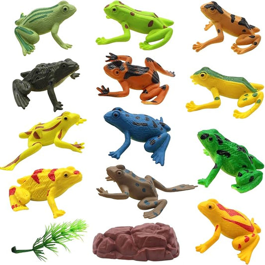 SmilerSmile Animal Assorted Mini Plastic Figures Toy Set, Educational Party Cake Topper, Goody Bag Filler (12pcs Frog)