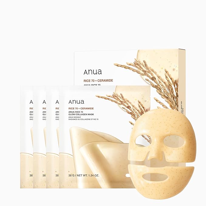 ANUA Rice 70 Glow Collagen Mask, Overnight Face Mask for Glass Skin, Ceramide, Collagen Facial Mask, Skin Moisture Barrier, Tightening Care, Natural Color, Korean Skin Care (38g, 4ea)