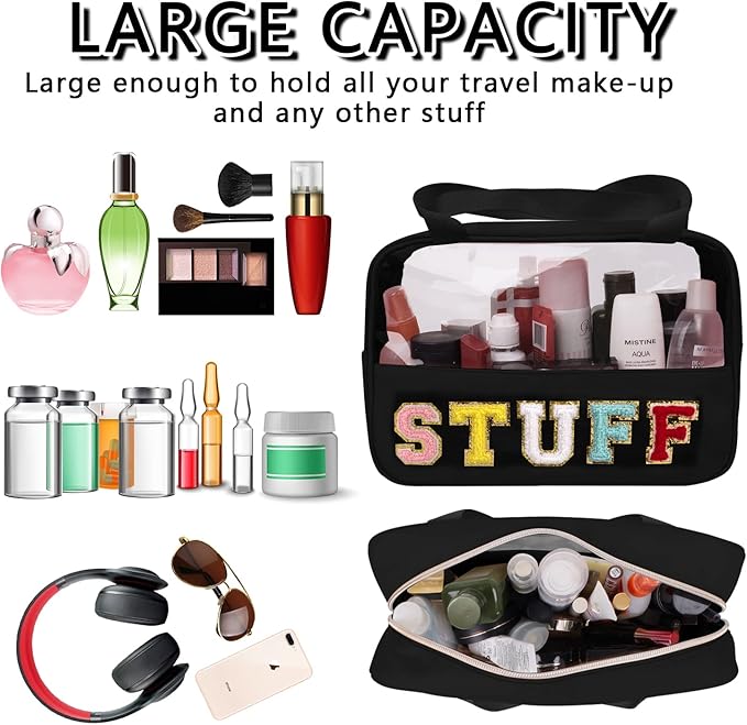 Chenille Letter Patch Stuff Bag, Preppy Clear Makeup Cosmetic Bag Large Toiletry Storage Tote Bag with Handle, Transparent Nylon Waterproof Organizer Zipper Pouch for Travel Women Girls(Black)