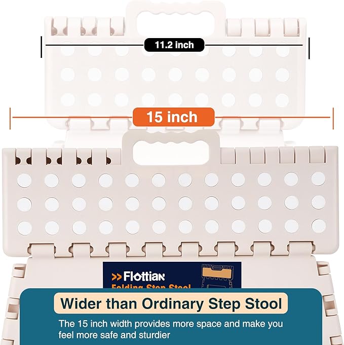 Flottian 5" Folding Step Stool for Adults and Kids 15-Inch Extra Wide Stool Holds Up to 300 lbs,Non-Slip Folding Stools with Handle,Compact Plastic Foldable Step Stool for Bathroom,Kitchen,ect Khaki