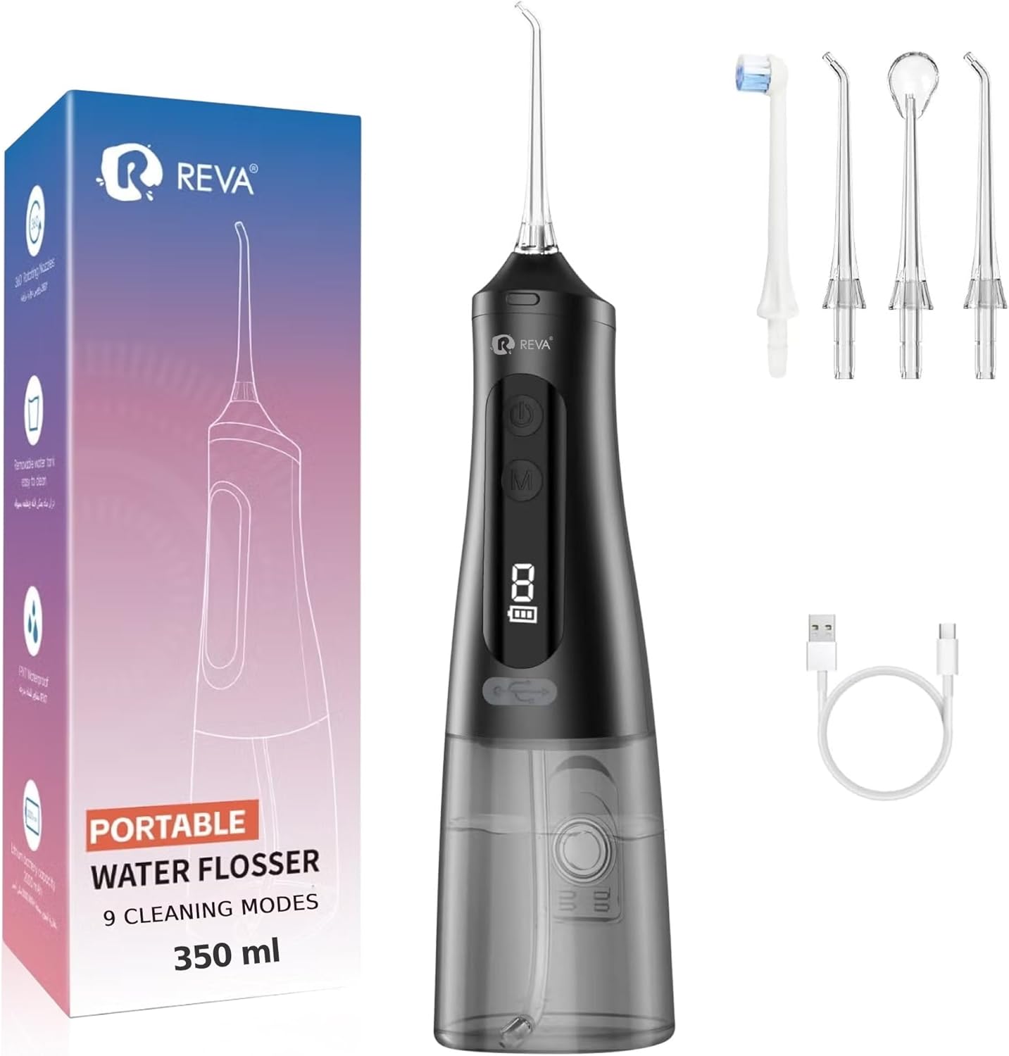 Reva Professional Water Dental Flosser for Teeth & Braces - 9 Modes Cordless Oral Irrigator, 350ML Large Reservoir, 360° Nozzle, IPX7 Waterproof, Rechargeable, Dental Floss Tool (M131 - Black)