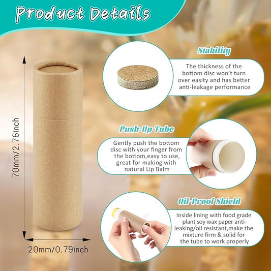 50 Pcs 0.3 oz Paperboard Lip Balm Tube,Empty Kraft Paper Chapstick Tube Holder,Push-Up Style Biodegradable Solid Perfume Lip Gloss Container for Lip Balm,Natural Compostable Container - Brown