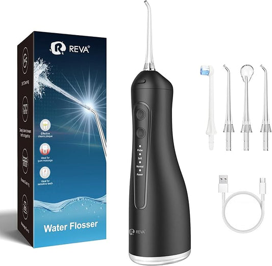 Portable Water Flosser for Teeth - 4 Modes Cordless Oral Irrigator with 300ML Tank, 360° Rotating Nozzle, 4 Jet Tips, Rechargeable, IPX7 Waterproof, Low Noise Gravity Ball Design (M159 - Black)