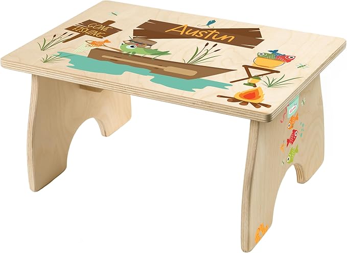 Gone Fishing Step Stool for Toddlers- Bloom Owl Personalized Wood Kids Step Stool with Name for Kitchen Sink, Bathroom, Potty Training, Toilet, Kitchen Sink- Cute, Sturdy and Safe (Fishing)