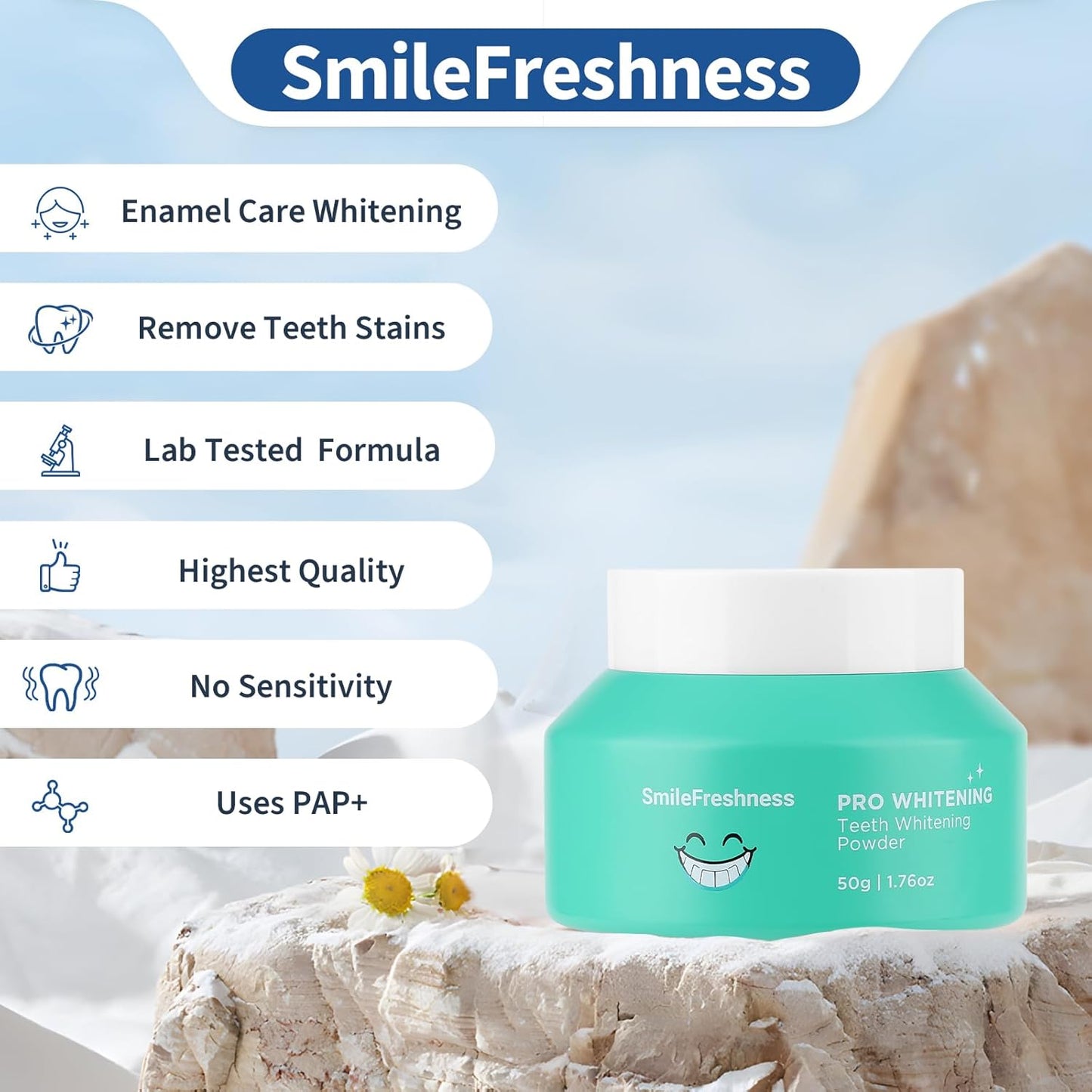 Teeth Whitening Powder - Removes Plaque & Stains, Enamel Care Tooth Whitening Powder with Pap+, Ideal for Sensitive Teeth, Refreshing Mint Flavor (1.76oz).