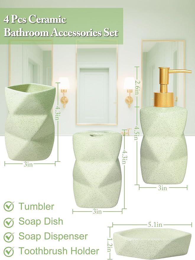 Bathroom Accessories Set,4 Pcs Bathroom Accessory Set,Includes Lotion Soap Dispenser,Toothbrush Holder,Tumbler,Soap Dish,Ceramic Bathroom Sets Complete,Bathroom Sink Set for Modern Home Decor(Green)