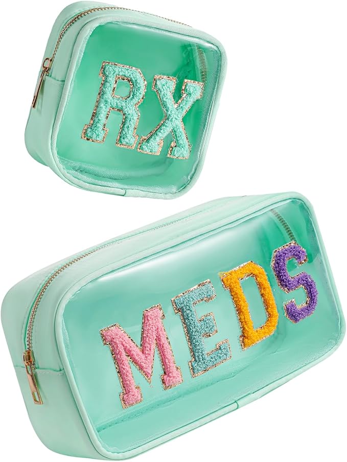 2Pcs Large Chenille Letter Clear Medicine Makeup Bag Set,Nylon PVC Waterproof Rx Meds Pouch with Metal Zipper, Cute Drug First Aid Travel Organizer for Women Girls(2pcs Mint)