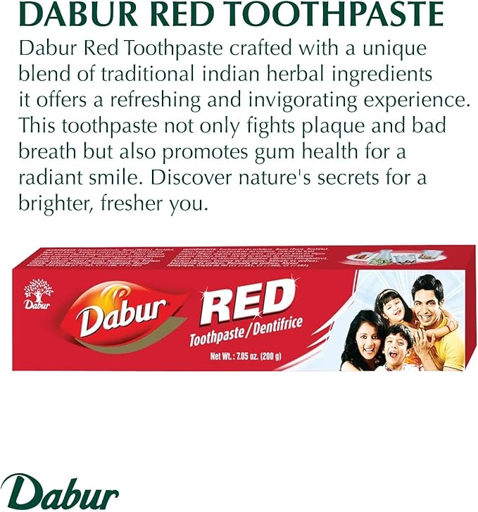 Dabur Red Toothpaste for Fresh Breath & Gum Health - Dentifrice for Oral Strong Teeth - for Stains & Protects Gums - for Complete Oral Hygiene - Ayurvedic Toothpaste - 200g Pack