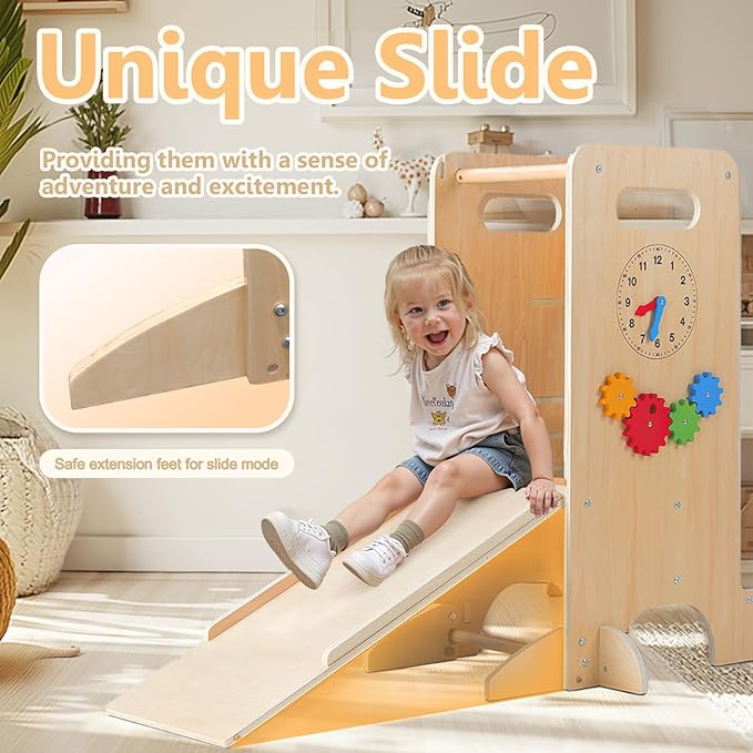 Toddler Tower 4-in-1 Multifunctional Kitchen Stool Helper with Removable Safety Board, Adjustable Heights, Slide, Highchair, Chalkboard, Montessori Games